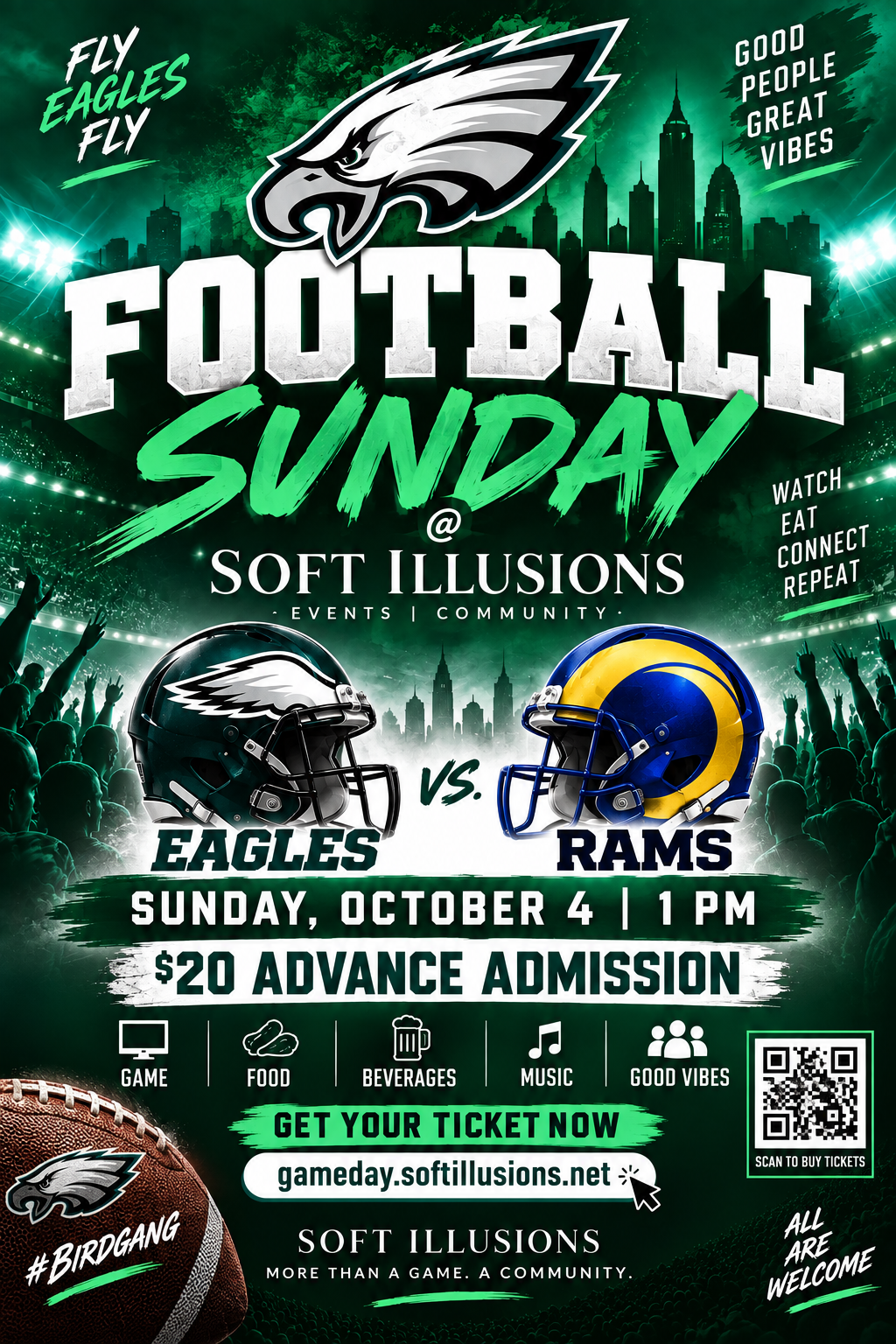 Football Sunday at Soft Illusions event flyer with Eagles and Rams helmets